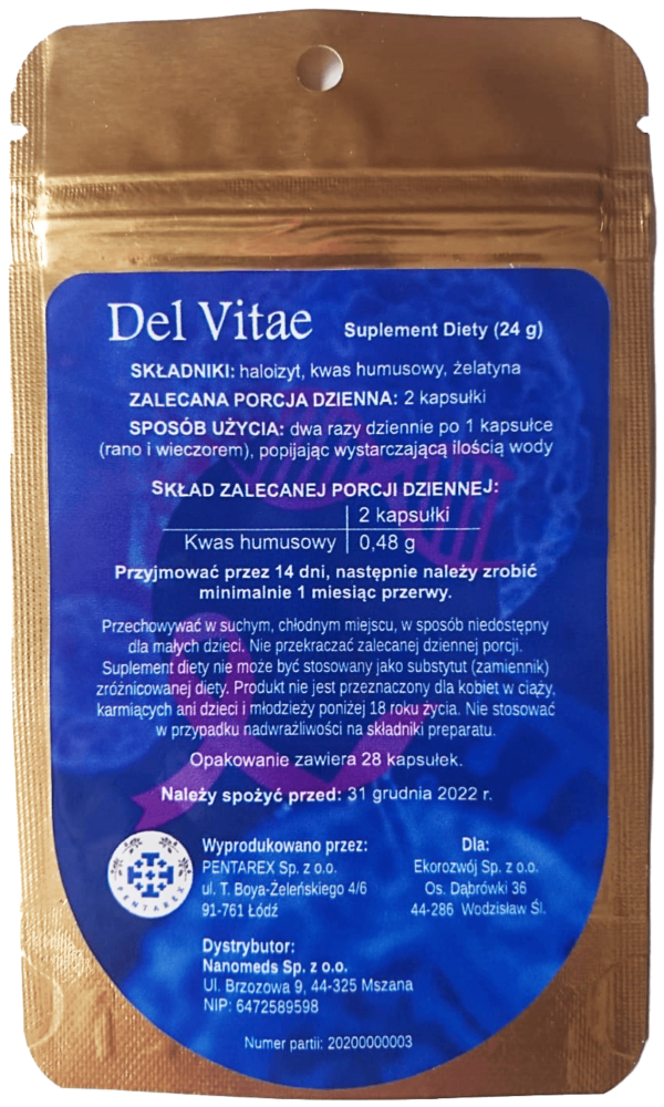 złoto-niebieski tył opakowania suplementu diety Del Vitae z informacjami o skłądzie, przechowywaniu i dawkowaniu kapsułek