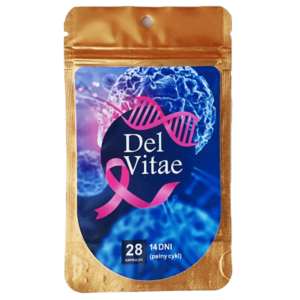 szczelne, złote opakowanie suplementu diety Del Vitae z niebieską naklejką informacyjną